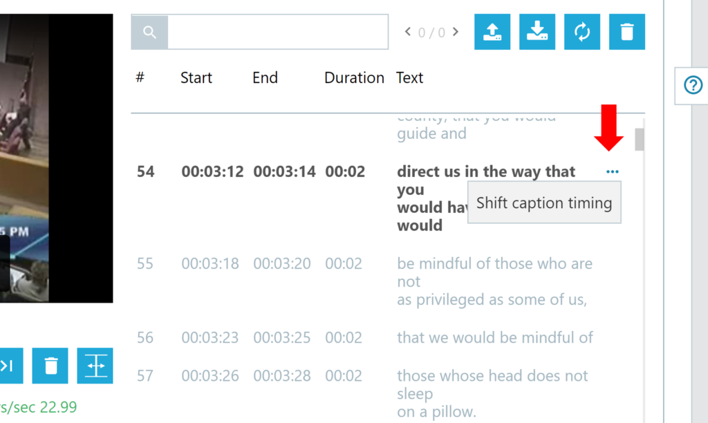 Accessing the shift caption timing editor from the caption segment